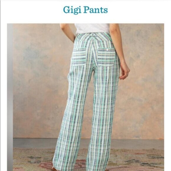 SUNDANCE Gigi Pants Straight Leg Green White Plaid Cotton XS Bohemian Resort - Picture 3 of 11